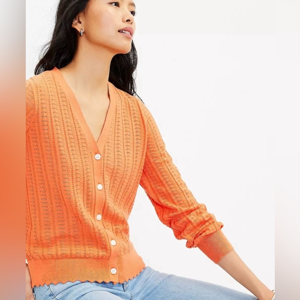 LOFT Scalloped Pointelle V Neck button down Cardigan